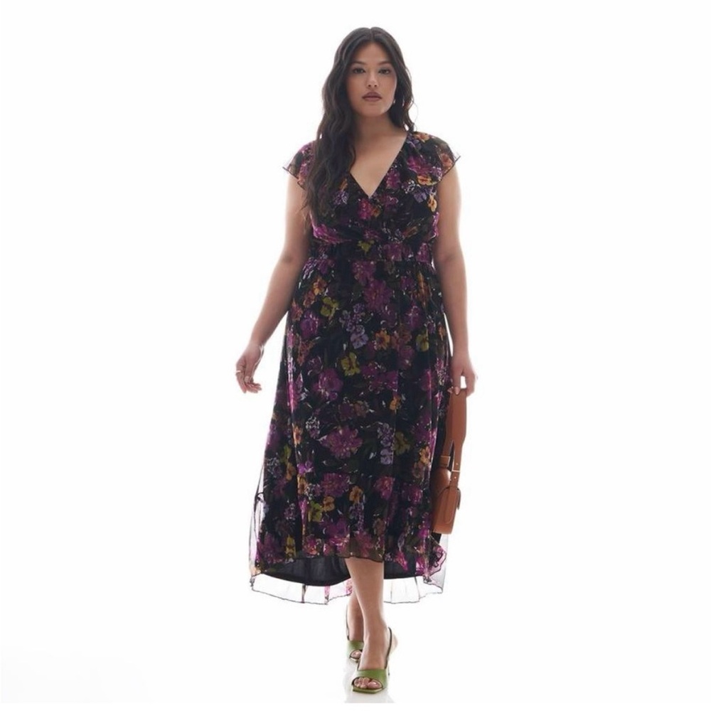 Addition Elle Black and Purple Floral Midi Dress
